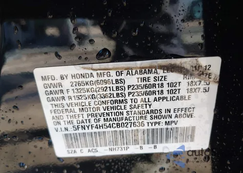 2012 Honda Pilot Ex-L from USA, damaged, VIN 5FNYF4H54CB027636